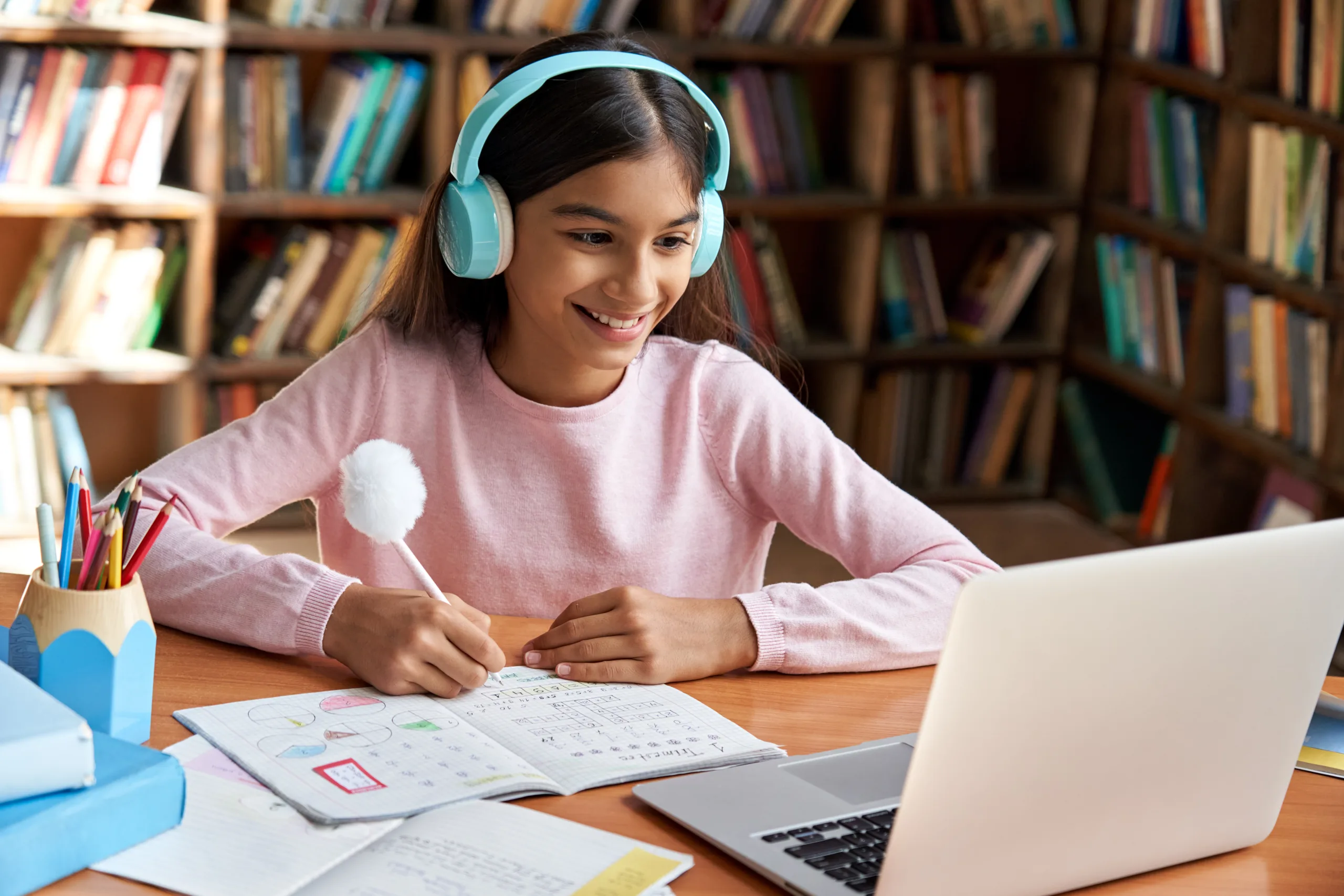 Happy,Indian,Latin,Preteen,Girl,School,Pupil,Wearing,Headphones,Distance Education_2