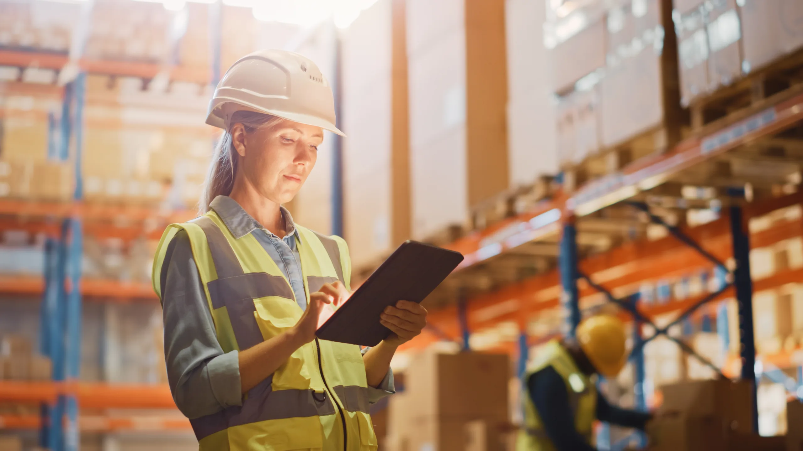 Professional,Female,Worker,Wearing,Hard,Hat,Checks,Stock,And,Inventory Logistics_1